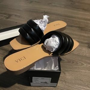 Black Vici flat sandals, 8.5